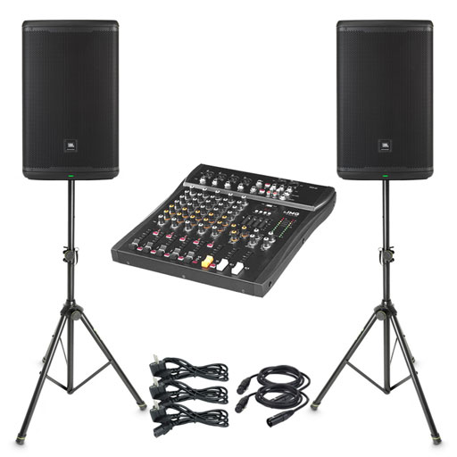 Musikanlage 2 mieten bei VEITLIGHT® - Geräteansichten, 2 JBL EON 715 Boxen, Stative, Mixer, Stands