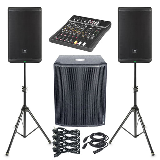 Musikanlage 3 mieten bei VEITLIGHT® - Geräteansichten: 2 JBL EON 715 Boxen, 1 Sub, Stative, Mixer, Stands