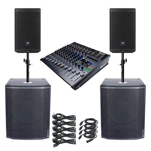 Musikanlage 4 mieten bei VEITLIGHT® - Geräteansichten: 2 JBL EON 715 Boxen, 2 Subs, Stative, Mixer, Stands