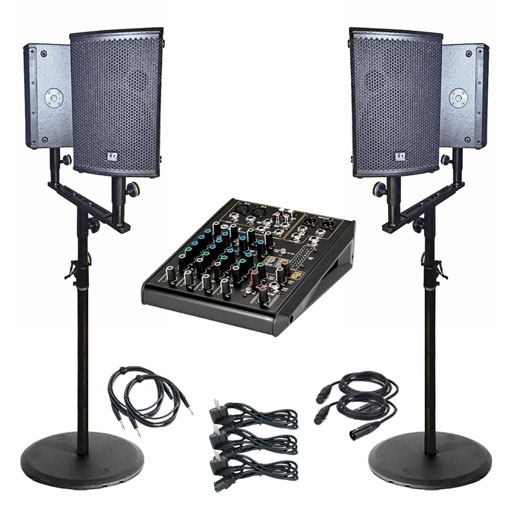 Musikanlage 5 mieten bei VEITLIGHT® - Geräteansichten: Backgroundsystem, 4 LD Systems MIX 6 Lautsprecher, Stative, Mixer, Stands
